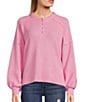 Color:Pink - Image 1 - Ribbed Long Sleeve Henley Knit Top