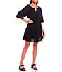 Color:Black - Image 1 - Short Puff Sleeve Open Side Cut Out Tiered Mini Dress