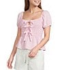 Blu Pepper Short Puff Sleeve Tie Front Shirred Blouse - Image 1