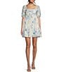 Color:Chambray Multi - Image 1 - Short Sleeve Floral Print Pleated Mini Dress