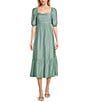 Blu Pepper Square Neck Short Puff Sleeve Pleated Midi Dress, Color:Dusty Mint - Image 1