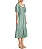 Blu Pepper Square Neck Short Puff Sleeve Pleated Midi Dress, Color:Dusty Mint - Image 3