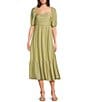 Blu Pepper Square Neck Short Puff Sleeve Pleated Midi Dress, Color:Light Kiwi - Image 1