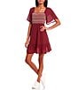Color:Wine - Image 1 - Square Neck Stitch Pattern Smocked Mini Dress