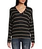 Blu Pepper Stripe V-Neck Drop Shoulder Long Sleeve Knit Top, Color:Black - Image 1