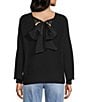 Blu Pepper V-Neck Drop Shoulder Tie Bow Back Sweater, Color:Black - Image 2