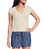 Blu Pepper V-Neck Short Sleeve Half Snap Button Knit Top - Image 1