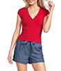 Blu Pepper V-Neck Short Sleeve Half Snap Button Knit Top - Image 5