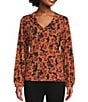 Color:Rust Floral - Image 1 - Floral Print Long Cuffed Sleeve Ruffle V-Neck Top