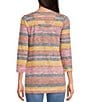 Color:Navy Rust Combo - Image 2 - Stripe Print Textured 3/4 Sleeve Round Neck Side Slit Shirt