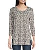 Color:Navy Paisley - Image 1 - Textured Print 3/4 Sleeve Round Neck Side Slit Strappy Back Detail Tunic Shirt