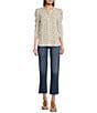 Bobeau Textured Woven Diamond Dots Print Crew Neck 3/4 Puff Sleeve Button Front Top, Color:Ivory/Charcoal Diamond Dots - Image 3