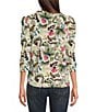 Bobeau Textured Woven Multi Floral Print Crew Neck 3/4 Puff Sleeve Button Front Top, Color:Green Fuchsia Multi Floral - Image 2
