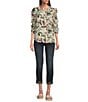 Bobeau Textured Woven Multi Floral Print Crew Neck 3/4 Puff Sleeve Button Front Top, Color:Green Fuchsia Multi Floral - Image 3
