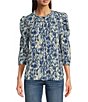 Bobeau Textured Woven Printed Crew Neck 3/4 Puff Sleeve Button Front Top,All Products : American Fashion Style Bags On Sale