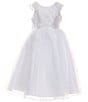 Color:White - Image 1 - Big Girls 7-16 Floral Short Sleeve Cascading Flower Applique Communion Dress