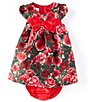 Color:Green Floral - Image 1 - Baby Girls 12-24 Months Short Sleeve Floral Trapeze Dress With Bow