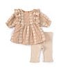 Color:Natural - Image 1 - Baby Girls Newborn-24 Month Puff Sleeve Embroidered Top with Pinafore Capri Legging Set