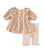 Color:Natural - Image 2 - Baby Girls Newborn-24 Month Puff Sleeve Embroidered Top with Pinafore Capri Legging Set