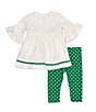 Color:Green - Image 3 - Baby Girls Newborn-24 Months 3/4 Sleeve Foiled-Dot Reindeer Face Appliqued Dress & Dotted Leggings Set