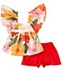 Color:Orange - Image 1 - Baby Girls Newborn-24 Months Bell Sleeve Printed Peasant Top & Solid Knit Shorts Set