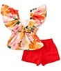 Color:Orange - Image 2 - Baby Girls Newborn-24 Months Bell Sleeve Printed Peasant Top & Solid Knit Shorts Set