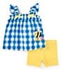 Color:Blue/Yellow - Image 1 - Baby Girls Newborn-24 Months Bumblebee-Appliqued Checked Seersucker Tunic Top & Solid Knit Biker Shorts Set