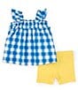 Color:Blue/Yellow - Image 2 - Baby Girls Newborn-24 Months Bumblebee-Appliqued Checked Seersucker Tunic Top & Solid Knit Biker Shorts Set