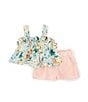 Color:Peach - Image 1 - Baby Girls Newborn-24 Months Floral-Printed Ruffle-Trimmed Linen Blend Tank Top & Checked Shorts Set