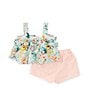 Color:Peach - Image 2 - Baby Girls Newborn-24 Months Floral-Printed Ruffle-Trimmed Linen Blend Tank Top & Checked Shorts Set
