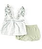 Color:Sage - Image 2 - Baby Girls Newborn-24 Months Flutter Sleeve Embroidered/Checked Tunic Top & Bubble Short Set