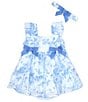 Color:Blue - Image 1 - Baby Girls Newborn-24 Months Flutter Sleeve Printed Dress & Toile Clip Dot Bow Headband