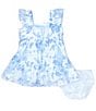 Color:Blue - Image 2 - Baby Girls Newborn-24 Months Flutter Sleeve Printed Dress & Toile Clip Dot Bow Headband