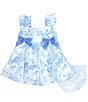 Color:Blue - Image 3 - Baby Girls Newborn-24 Months Flutter Sleeve Printed Dress & Toile Clip Dot Bow Headband