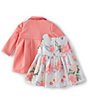 Color:Coral - Image 2 - Baby Girls Newborn-24 Months Textured-Knit Coral Coat & Sleeveless Shantung Floral Fit-And-Flare Dress Set
