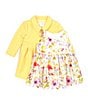 Color:Yellow - Image 1 - Baby Girls Newborn-24 Months Textured-Knit Yellow Coat & Sleeveless Shantung Floral Fit-And-Flare Dress Set