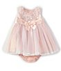 Color:Peach - Image 1 - Baby Girls Newborn-24 Months Puff-Shoulder Embroidered/Sheer-Overlay-Skirted Fit-And-Flare Dress