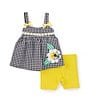 Color:Blue/Yellow - Image 1 - Baby Girls Newborn-24 Months Sleeveless Daisy-Appliqued Checked Dress & Solid Biker Shorts Set