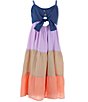 Color:Multi - Image 1 - Big Girls 7-16 Denim-Bodice/Color Block Mixed-Gauze Tiered Long Dress