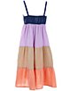 Color:Multi - Image 2 - Big Girls 7-16 Denim-Bodice/Color Block Mixed-Gauze Tiered Long Dress