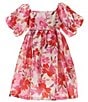 Color:Fuchsia - Image 1 - Big Girls 7-16 Puffed-Sleeve Floral Satin Fit-And-Flare Dress