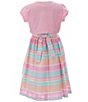 Color:Pink - Image 3 - Big Girls 7-16 Short-Sleeve Knit Cardigan & Sleeveless Striped Linen-Look Fit-And-Flare Dress