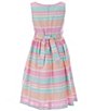 Color:Pink - Image 4 - Big Girls 7-16 Short-Sleeve Knit Cardigan & Sleeveless Striped Linen-Look Fit-And-Flare Dress