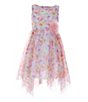 Color:Pink - Image 1 - Big Girls 7-16 Illusion Floral-Mesh Handkerchief-Hem Dress
