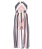 Color:Navy/White/Pink - Image 1 - Big Girls 7-16 Sleeveless Miter-Stripe/Vertical-Stripe Walk-Through Romper