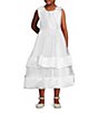 Color:White - Image 1 - Big Girls 7-16 Bow-Shoulder Shantung Tiered-Hem Fit-And-Flare Tea-Length Dress
