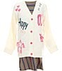 Bonnie Jean Big Girls Long-Sleeve Happy Cardigan Sweater & Short-Sleeve Horizontal/Vertical-Striped Rib-Knit Drop-Waist Dress, Color:Multi - Image 1