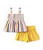 Color:Yellow - Image 2 - Little Girls 2T-4T Sleeveless Striped Smocked Seersucker Tank Top & Solid Gauze Shorts Set