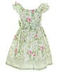 Color:Green - Image 2 - Little Girls 2T-6X Short Double Ruffle Sleeve Floral and Stripe Trim Dress With Matching Hat