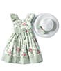 Color:Green - Image 3 - Little Girls 2T-6X Short Double Ruffle Sleeve Floral and Stripe Trim Dress With Matching Hat